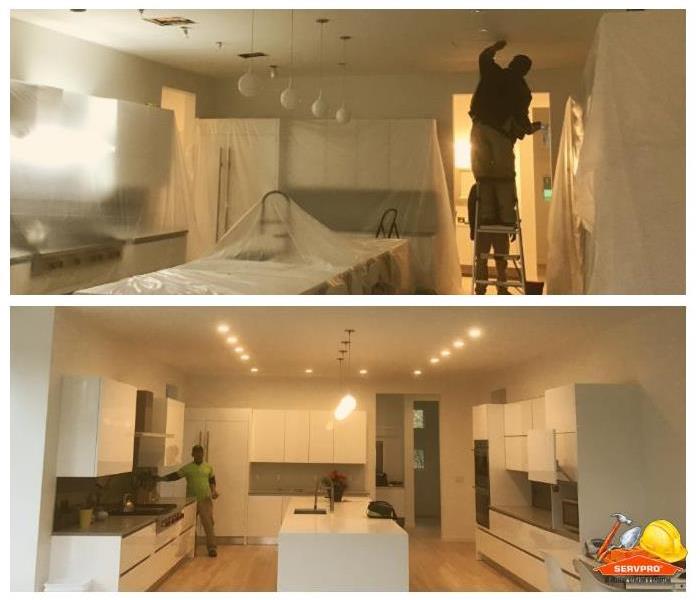 above Technician is in kitchen of customer repairing ceiling. Below technician is turning on light to show repaired ceiling.