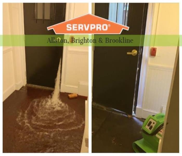 water flood seeping through door on left and on right water no longer running and equipment placed to start drying