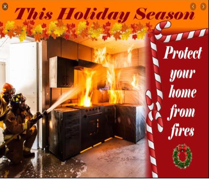 fire in kitchen with holiday trimming