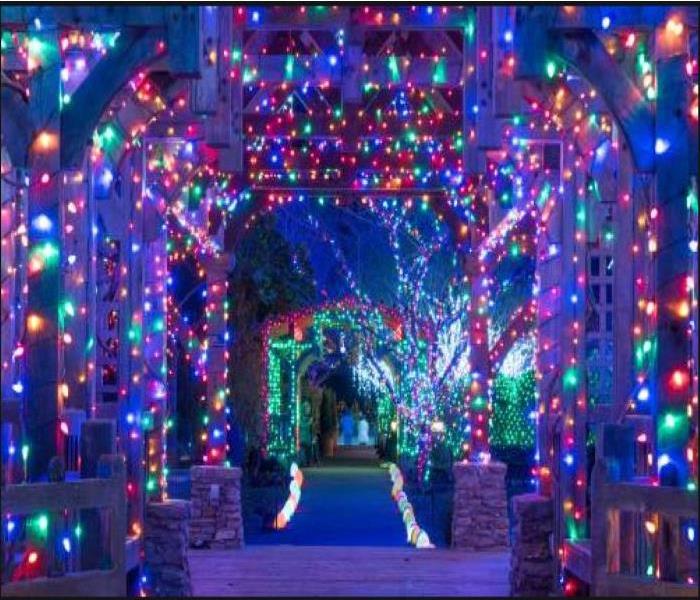 holiday lights wrapped around arch in public park